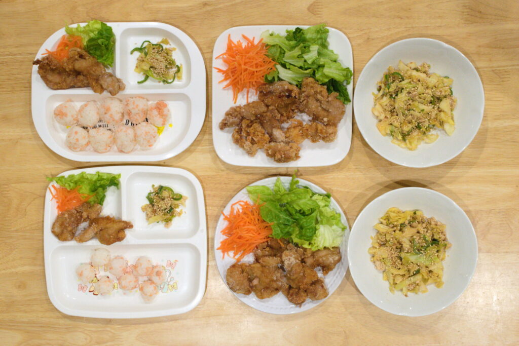 【パクモグのメニュー】鶏肉の竜田揚げ・キャベツと鶏ひき肉の味噌炒め